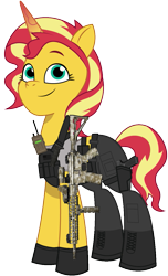 Size: 731x1200 | Tagged: safe, artist:edy_january, artist:prixy05, edit, imported from derpibooru, vector edit, sunset shimmer, pony, unicorn, equestria girls, ar-15, armor, assault rifle, belt, body armor, boots, call of duty, call of duty: warzone, clothes, combat knife, equestria girls ponified, equipment, g4 to g5, g5, gears, generation leap, glock, glock 17, gloves, gun, handgun, horn, knife, long pants, m4a1, military, military pony, pants, pistol, ponified, radio, rifle, right hooves, sergeant, sgt. shimmers, shirt, shoes, simple background, soldier, soldier pony, solo, special forces, tactical, tactical vest, tanktop, task forces 141, transparent background, united states, vector, vest, vice captain, vice leader, weapon