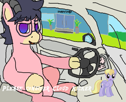 Size: 671x543 | Tagged: safe, artist:mileslancer, imported from derpibooru, cloud kicker, oc, oc:anchor point, goat, hybrid, pony, car, glasses, meme, ms paint