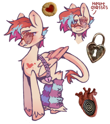 Size: 1056x1184 | Tagged: safe, artist:roofoos_rebirth, imported from derpibooru, oc, oc only, oc:cardia, pegasus, pony, adoptable, adopted, ambiguous gender, birthmark, blank flank, chained, chains, chest fluff, clothes, glasses, gradient mane, leg warmers, leonine tail, owner:squeezymouse, reference sheet, simple background, solo, standing, swirly eyes, tail, unshorn fetlocks, white background, wingding eyes