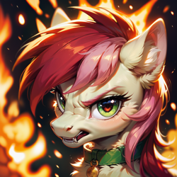 Size: 1024x1024 | Tagged: safe, imported from derpibooru, roseluck, pony, ai content, ai generated, angry, bust, collar, explosion, fangs, fire, fluffy, generator:pony diffusion v6 xl, generator:stable diffusion, looking at you, pet tag, pony pet, portrait, prompter:doom9454, rosepet