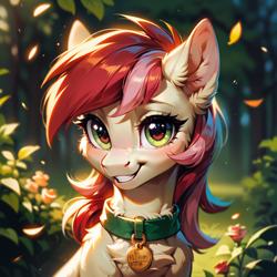 Size: 1024x1024 | Tagged: safe, imported from derpibooru, roseluck, earth pony, pony, ai content, ai generated, bust, collar, cute, flower, fluffy, generator:pony diffusion v6 xl, generator:stable diffusion, grin, looking at you, pet tag, pony pet, portrait, prompter:doom9454, rose, rosepet, smiling