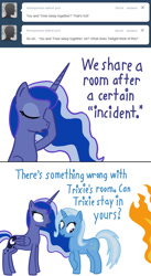 Size: 640x1164 | Tagged: safe, artist:tootootaloo, imported from derpibooru, princess luna, trixie, alicorn, unicorn, ask princess luna, ask, facehoof, fire, horn, tumblr