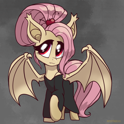 Size: 2048x2048 | Tagged: safe, artist:pfeffaroo, imported from derpibooru, fluttershy, bat pony, pony, alternate hairstyle, bat ponified, clothes, dress, flutterbat, race swap, red eyes, solo