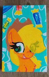 Size: 2268x3576 | Tagged: safe, artist:lbrcloud, imported from derpibooru, part of a set, applejack, earth pony, pony, applejack's hat, bust, candy, cowboy hat, food, hat, portrait, smiling, solo, traditional art