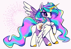 Size: 2048x1423 | Tagged: safe, artist:stacy_165cut, imported from derpibooru, princess celestia, alicorn, pony, big eyes, butt, colored hooves, colored horn, colored pinnae, countershading, dock, ethereal mane, ethereal tail, eye clipping through hair, female, frown, horn, long eyelashes, mare, missing accessory, multicolored mane, multicolored tail, one wing out, pink eyes, plot, rear view, shiny hoof, simple background, solo, sparkles, sparkly mane, starry eyes, tail, unicorn horn, white background, white coat, wingding eyes, wings