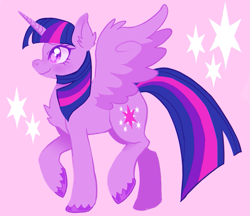 Size: 841x728 | Tagged: safe, artist:puroperopony, imported from derpibooru, twilight sparkle, alicorn, pony, chest fluff, colored hooves, pink background, raised hoof, side view, simple background, solo, spread wings, starry eyes, twilight sparkle (alicorn), wingding eyes, wings