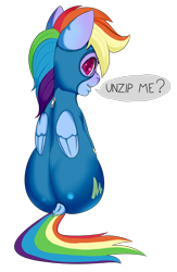Size: 1080x1654 | Tagged: safe, artist:zettaidullahan, imported from derpibooru, rainbow dash, pegasus, pony, butt, clothes, colored pupils, dialogue, dock, female, folded wings, looking at you, looking back, looking back at you, looking over shoulder, mare, open mouth, open smile, plot, rainbutt dash, rear view, shiny, simple background, sitting, skintight clothes, smiling, smiling at you, solo, speech bubble, tail, talking to viewer, transparent background, uniform, wings, wonderbolts uniform, zipper
