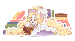 Size: 1280x710 | Tagged: safe, artist:maximkoshe4ka, imported from derpibooru, oc, earth pony, pony, book, female, hat, lying down, mare, prone, solo