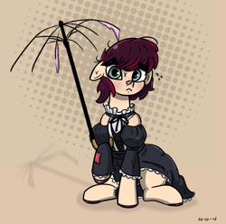 Size: 1061x1053 | Tagged: safe, artist:n-o-n, imported from derpibooru, bon bon, sweetie drops, oc, earth pony, pony, bow, clothes, confused, dress, freckles, frilly dress, looking at you, sitting, umbrella