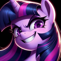 Size: 1024x1024 | Tagged: prompter needed, safe, imported from derpibooru, twilight sparkle, ai content, ai generated, black background, female, generator:dall-e 3, looking at you, mare, simple background, smiling