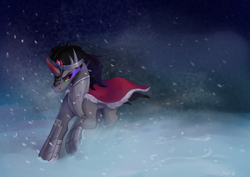 Size: 2245x1587 | Tagged: safe, artist:pawmeowpaw, imported from derpibooru, king sombra, umbrum, unicorn, blizzard, horn, male, night, signature, snow, snowfall, solo, sombra eyes, stallion
