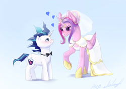 Size: 3175x2230 | Tagged: safe, artist:pawmeowpaw, imported from derpibooru, princess cadance, shining armor, alicorn, unicorn, clothes, dress, duo, female, heart, heart eyes, height difference, horn, looking at each other, looking at someone, male, mare, meme, shiningcadance, shipping, simple background, smiling, stallion, straight, the bride and the ugly ass groom, toy interpretation, wedding dress, wingding eyes