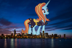 Size: 2048x1367 | Tagged: safe, artist:starryshineviolet, edit, editor:jaredking779, imported from derpibooru, sassy saddles, pony, unicorn, attack on pony, chicago, clothes, dress, eyeshadow, female, giant pony, giantess, highrise ponies, horn, illinois, irl, lidded eyes, macro, makeup, mare, photo, ponies in real life, red eyes, saddle, smiling, solo, standing, story included, tack, tall, vulgar description