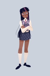 Size: 1200x1800 | Tagged: safe, artist:mayermaam, imported from derpibooru, twilight sparkle, human, blazer, clothes, dark skin, female, humanized, school uniform, simple background, skirt, socks, solo