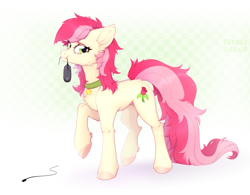 Size: 3229x2515 | Tagged: safe, artist:tender fox, imported from derpibooru, roseluck, pony, behaving like a cat, chest fluff, collar, commission, commissioner:doom9454, computer mouse, concave belly, cute, fluffy, pet tag, pony pet, rosepet, solo, standing