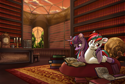 Size: 2400x1600 | Tagged: safe, artist:thescornfulreptilian, imported from derpibooru, oc, oc only, pony, beanbag chair, book, bookshelf, candle, carpet, clock, conjoined, desk, fusion, globe, library, pillow, reading, solo, window