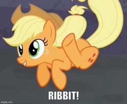 Size: 609x500 | Tagged: safe, edit, edited screencap, imported from derpibooru, screencap, applejack, earth pony, pony, the cutie map, behaving like a frog, caption, cowboy hat, female, hat, image macro, imgflip, mare, silly, silly pony, solo, stetson, text, who's a silly pony