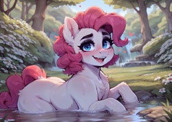 Size: 1024x728 | Tagged: safe, imported from derpibooru, pinkie pie, earth pony, pony, ai content, ai generated, chest fluff, ear fluff, eyebrows, eyelashes, eyeliner, female, flower, generator:easyfluff v11.2, generator:stable diffusion, grass, grass field, heart, makeup, open mouth, park, prompter:raif, river, smiling, solo, standing, stream, water, waterfall