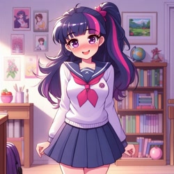 Size: 1024x1024 | Tagged: safe, imported from derpibooru, twilight sparkle, human, adorkable, ai content, ai generated, alternate hairstyle, anime, blushing, bookshelf, clothes, cute, dork, female, framed picture, furniture, generator:bing image creator, generator:dall-e 3, humanized, indoors, japanese school uniform, legs together, long hair, looking at you, miniskirt, pleated skirt, room, school uniform, side ponytail, skirt, smiling, smiling at you, solo, standing