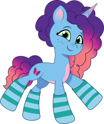 Size: 1010x1203 | Tagged: safe, artist:prixy05, imported from derpibooru, pony, unicorn, clothes, female, g5, horn, mare, misty brightdawn, my little pony: tell your tale, rebirth misty, simple background, socks, solo, striped socks, transparent background, vector