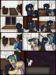 Size: 1750x2333 | Tagged: safe, artist:99999999000, imported from derpibooru, oc, oc only, oc:shadow spirits, oc:su wendi, cat, pegasus, pony, comic:grow with children, colt, comic, couch, female, foal, male, mother and child, mother and son, son, television