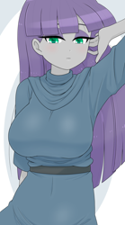 Size: 1668x2990 | Tagged: safe, artist:batipin, imported from derpibooru, maud pie, human, equestria girls, 2d, bangs, breasts, busty maud pie, cute, eyeshadow, female, lidded eyes, looking at you, makeup, maudabetes, midriff, solo