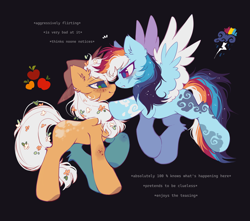 Size: 3400x3000 | Tagged: safe, artist:mirtash, imported from derpibooru, applejack, rainbow dash, earth pony, pegasus, pony, alternate color palette, alternate hair color, alternate hairstyle, alternate universe, appledash, applejack's hat, black background, concave belly, cowboy hat, duo, duo male and female, female, flower, flower in hair, freckles, gritted teeth, hat, lesbian, long description, male, markings, redesign, shipping, simple background, smiling, smirk, story included, teeth