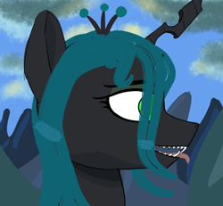 Size: 2339x2160 | Tagged: safe, artist:kujivunia, imported from derpibooru, queen chrysalis, bust, cloud, fangs, female, forked tongue, mare, mountain, open mouth, portrait, sharp teeth, sketch, solo, teeth, tongue out