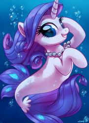 Size: 2196x3028 | Tagged: safe, artist:whitediamonds, imported from derpibooru, rarity, seapony (g4), unicorn, blue background, blue eyes, blue mane, blue tail, bubble, commission, crepuscular rays, cute, digital art, dorsal fin, eyelashes, eyeshadow, female, fin, fish tail, flowing mane, flowing tail, gem, happy, high res, horn, jewelry, looking at you, makeup, mare, necklace, ocean, pearl necklace, raribetes, scales, seaponified, seapony rarity, signature, simple background, smiling, smiling at you, solo, species swap, sunlight, swimming, tail, teeth, underwater, water