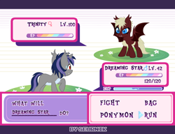 Size: 2000x1533 | Tagged: safe, artist:ghostpikachu, imported from derpibooru, oc, oc only, oc:dreaming star, oc:trinity, bat pony, bat pony unicorn, hybrid, pony, undead, unicorn, vampire, vampony, base used, bat pony oc, bat wings, fangs, female, high res, horn, male, mare, pale belly, pokémon, pokémon battle, ponymon, scared, spread wings, stallion, wings