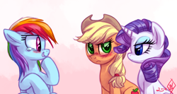 Size: 1500x800 | Tagged: safe, artist:whitediamonds, imported from derpibooru, applejack, rainbow dash, rarity, earth pony, pegasus, pony, unicorn, applejack's hat, blushing, cowboy hat, crying, eyebrows, eyebrows visible through hair, eyeshadow, female, freckles, frown, gradient background, hat, horn, laughing, lesbian, makeup, mare, profile, raised hoof, rarijack, rarijack daily, rarity is not amused, shipping, signature, sitting, snickering, tears of laughter, teary eyes, trio, trio female, unamused