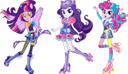 Size: 13491x7847 | Tagged: safe, artist:sugar-loop, imported from derpibooru, pinkie pie, rarity, sci-twi, twilight sparkle, equestria girls, simple background, sporty style, transparent background