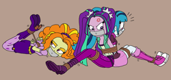 Size: 2536x1185 | Tagged: safe, artist:bugssonicx, imported from derpibooru, adagio dazzle, aria blaze, sonata dusk, equestria girls, gag, tape, tape gag, the dazzlings, tied up