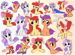 Size: 2723x2000 | Tagged: safe, artist:syrupyyy, imported from derpibooru, apple bloom, scootaloo, sweetie belle, earth pony, pegasus, pony, unicorn, for whom the sweetie belle toils, the cutie pox, 5-year-old sweetie belle, accessory swap, apple bloom's bow, blushing, bow, buy some apples, cutie mark crusaders, emanata, eye clipping through hair, eyes closed, female, filly, foal, gradient background, hair bow, high res, horn, open mouth, open smile, scooter, sitting, smiling, trio