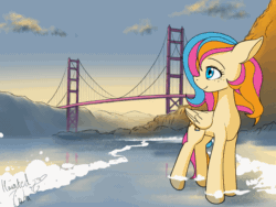 Size: 1000x750 | Tagged: safe, artist:hauntedtuba, imported from derpibooru, oc, oc only, oc:golden gates, pegasus, pony, animated, bridge, female, gif, golden gate bridge, looking offscreen, loop, mare, ocean, signature, smiling, solo, turned head, water, wave, windswept mane