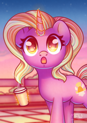 Size: 2480x3508 | Tagged: safe, artist:wavecipher, imported from derpibooru, luster dawn, pony, unicorn, :o, coffee cup, cup, cute, female, glowing, glowing horn, high res, horn, levitation, looking at you, lusterbetes, magic, magic aura, mare, open mouth, outdoors, solo, telekinesis
