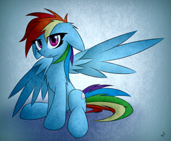 Size: 2255x1857 | Tagged: safe, artist:n_thing, imported from derpibooru, rainbow dash, pegasus, pony, chest fluff, female, floppy ears, looking at you, mare, sitting, smiling, smiling at you, solo, spread wings, wings