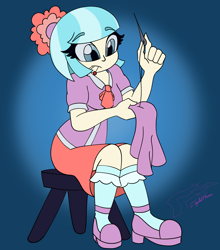 Size: 3700x4200 | Tagged: safe, artist:digi1talpho3nix, imported from derpibooru, coco pommel, human, equestria girls, breasts, clothes, female, humanized, sewing, sitting, skirt