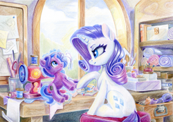 Size: 1551x1100 | Tagged: safe, artist:maytee, imported from derpibooru, rarity, pony, unicorn, horn, plushie, sewing machine, sewing needle, solo, table, traditional art