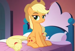 Size: 1216x832 | Tagged: safe, imported from derpibooru, applejack, earth pony, pony, ai content, ai generated, bed, bedroom eyes, cowboy hat, cute, cutie mark, freckles, generator:pony diffusion v6 xl, generator:stable diffusion, hat, looking at you, prompter:harvydraws, show accurate, sitting, sitting on bed, smiling, smiling at you, solo