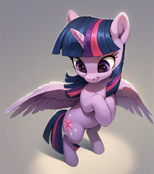 Size: 1808x2048 | Tagged: safe, imported from derpibooru, twilight sparkle, alicorn, pony, ai content, ai generated, bipedal, cute, ear fluff, female, generator:pony diffusion v6 xl, generator:stable diffusion, high angle, horn, looking down, mare, prompter:ramprover, simple background, smiling, solo, spread wings, twilight sparkle (alicorn), wings