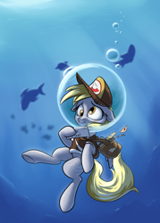 Size: 2000x2800 | Tagged: safe, artist:rocket-lawnchair, imported from derpibooru, derpy hooves, dolphin, fish, pegasus, pony, bag, bubble, bubble helmet, bubble on head, crepuscular rays, digital art, female, fins, fish tail, flowing mane, flowing tail, hat, high res, letter, mailbag, mailmare, mailmare hat, mailmare uniform, mare, ocean, solo, sunlight, swimming, tail, underwater, water, yellow mane, yellow tail