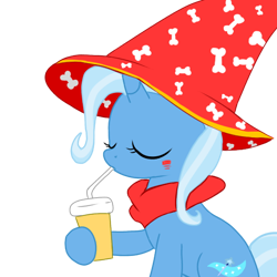 Size: 512x512 | Tagged: safe, imported from derpibooru, trixie, pony, unicorn, cutie mark, drinking straw, eyes closed, hat, horn, markings, red hat, red scarf, simple background, sitting, solo, transparent background, vector, yellow cup