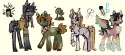 Size: 2015x886 | Tagged: safe, artist:camo-thy, imported from derpibooru, oc, oc only, earth pony, pegasus, unicorn, ambiguous gender, amputee, bags under eyes, blaze (coat marking), blonde mane, blonde tail, blushing, chest fluff, clothes, coat markings, colored hooves, colored horn, colored pinnae, colored sketch, colored wings, colored wingtips, curly mane, curly tail, ear fluff, ear tufts, earth pony oc, eye clipping through hair, eyebrows, eyebrows visible through hair, facial markings, floating eyebrows, freckles, frown, green coat, group, hair accessory, hairclip, height difference, hoodie, hoof fluff, horn, leg fluff, lipstick, long legs, long mane, long tail, looking back, multicolored coat, multicolored wings, neckerchief, orange mane, orange tail, pegasus oc, physique difference, prosthetic leg, prosthetic limb, prosthetics, purple blush, purple coat, purple mane, purple tail, quartet, rainbow wings, raised hoof, red coat, short mane, short tail, simple background, sketch, smiling, socks (coat markings), splotches, spread wings, standing, star (coat marking), tail, thin legs, two toned mane, two toned tail, unicorn horn, unicorn oc, unshorn fetlocks, wall of tags, white background, wings