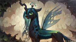 Size: 1920x1080 | Tagged: safe, ai generated, imported from derpibooru, queen chrysalis, changeling, changeling queen, ai content, cave, concave belly, female, generator:pony diffusion v6 xl, generator:stable diffusion, hive, horn, muscles, prompter:truekry, standing, thin, toothy grin, wallpaper, wings