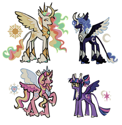 Size: 2048x2098 | Tagged: safe, artist:camo-thy, artist:camo_ty, imported from derpibooru, princess cadance, princess celestia, princess luna, twilight sparkle, twilight sparkle (alicorn), alicorn, pony, alicorn tetrarchy, alternate color palette, alternate cutie mark, alternate design, alternate eye color, alternate hair color, alternate hairstyle, alternate tailstyle, alternate versions at source, big ears, blaze (coat marking), blue mane, blue tail, bracer, coat markings, colored ears, colored eartips, colored hooves, colored horn, colored wings, colored wingtips, concave belly, crown, curly mane, curly tail, curved horn, dot eyes, ear fluff, ear tufts, ethereal mane, ethereal tail, eyelashes, facial markings, female, fetlock tuft, glasses, gray eyes, group, height difference, high res, horn, jewelry, leonine tail, long horn, long legs, long mane, long tail, looking back, mare, multicolored mane, multicolored tail, orange eyes, peytral, pink coat, ponytail, profile, purple coat, redesign, regalia, royal sisters, shiny hoof, short mane, siblings, signature, simple background, sisters, size difference, slender, smiling, socks (coat markings), spread wings, star (coat marking), starry coat, starry mane, striped horn, tail, tall, thin, thin legs, tiara, tied mane, two toned mane, two toned tail, two toned wings, wall of tags, wavy mane, wavy tail, white background, white coat, white eyes, wingding eyes, winged hooves, wings