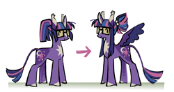 Size: 1700x900 | Tagged: safe, artist:camo-thy, artist:camo_ty, imported from derpibooru, twilight sparkle, twilight sparkle (alicorn), alicorn, pony, unicorn, arrow, blaze (coat marking), coat markings, colored eartips, colored hooves, colored horn, colored wings, colored wingtips, comparison, concave belly, curved horn, dot eyes, duality, ear tufts, facial markings, female, glasses, height difference, horn, leonine tail, looking back, mare, multicolored mane, multicolored tail, ponytail, profile, purple coat, shadow, signature, simple background, smiling, solo, spread wings, straight mane, straight tail, tail, tied mane, two toned wings, unicorn twilight, white background, wings