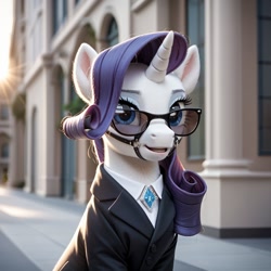 Size: 1024x1024 | Tagged: safe, imported from ponybooru, rarity, pony, unicorn, ai content, ai generated, bridle, building, bust, city, clothed ponies, clothes, female, generator:everclear pny by zovya, jewelry, looking at you, mare, open mouth, secret agent, semi-realistic, sitting, solo, suit, sunglasses, tack