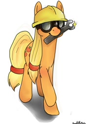 Size: 700x1000 | Tagged: safe, artist:sweetlittlemedic, imported from derpibooru, applejack, clothes, crossover, engiejack, engineer, goggles, hard hat, hat, simple background, solo, team fortress 2, white background, wrench