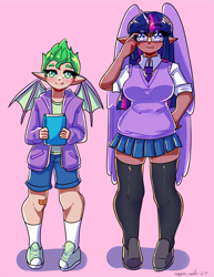 Size: 2975x3850 | Tagged: safe, artist:mylittleyuri, imported from derpibooru, spike, twilight sparkle, human, alicorn humanization, blushing, breasts, busty twilight sparkle, clothes, converse, dark skin, duo, duo male and female, elf ears, fangs, female, flats, glasses, hoodie, horn, horned humanization, humanized, male, necktie, pink background, shirt, shoes, shorts, simple background, skirt, socks, stockings, sweater vest, thigh highs, winged humanization, wings